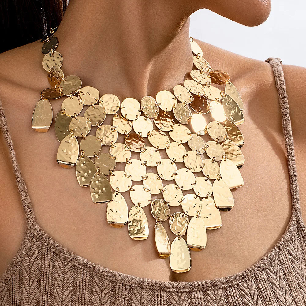 New Arrival Exaggerated Long Sweater Chain Necklace Banquet Style Metal Sequins Geometric Leopard Print Statement Necklaces