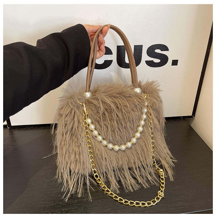 Elegant Faux Fur Handbag with Pearl & Chain Embellishments