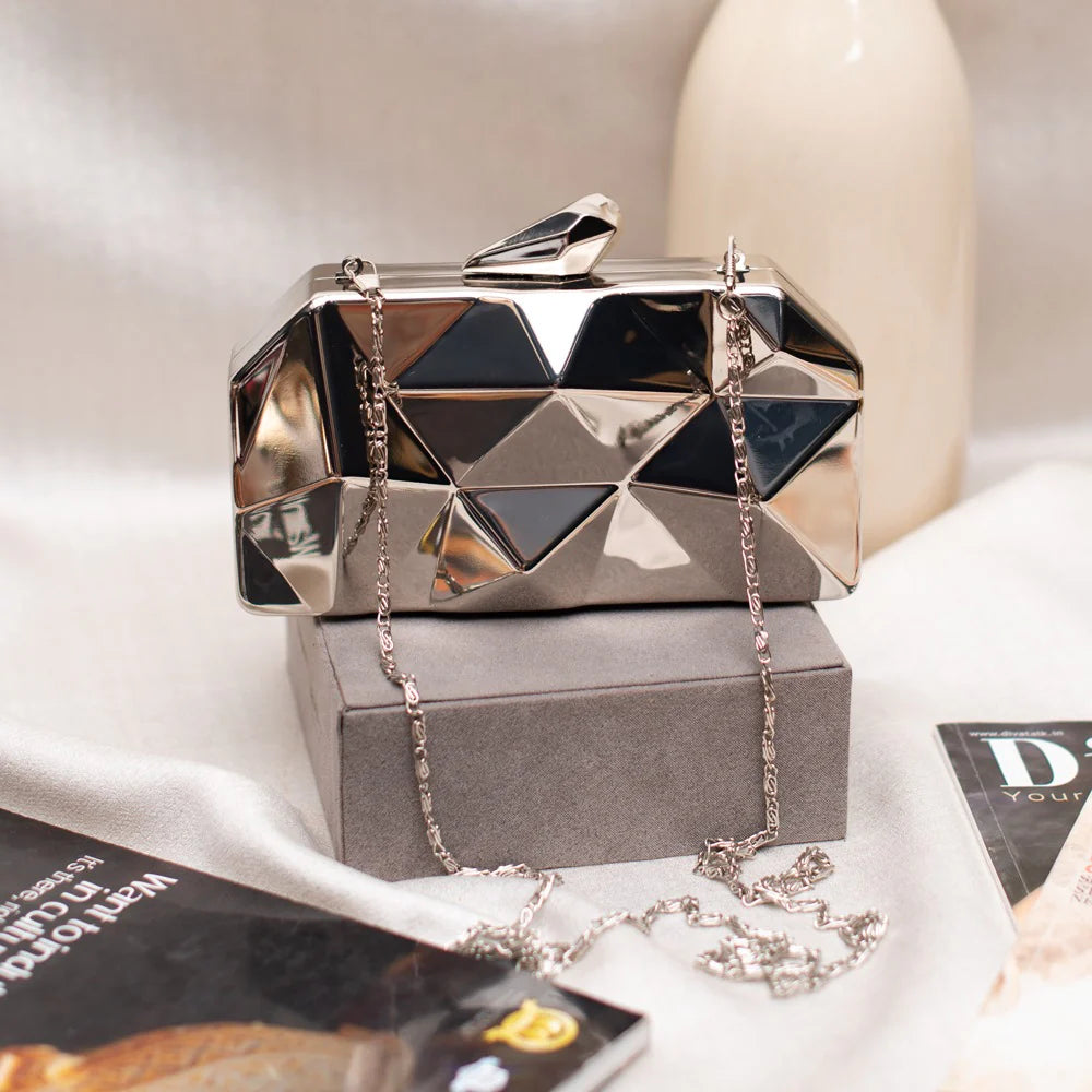 Metallic Hexagon Metal Clutch