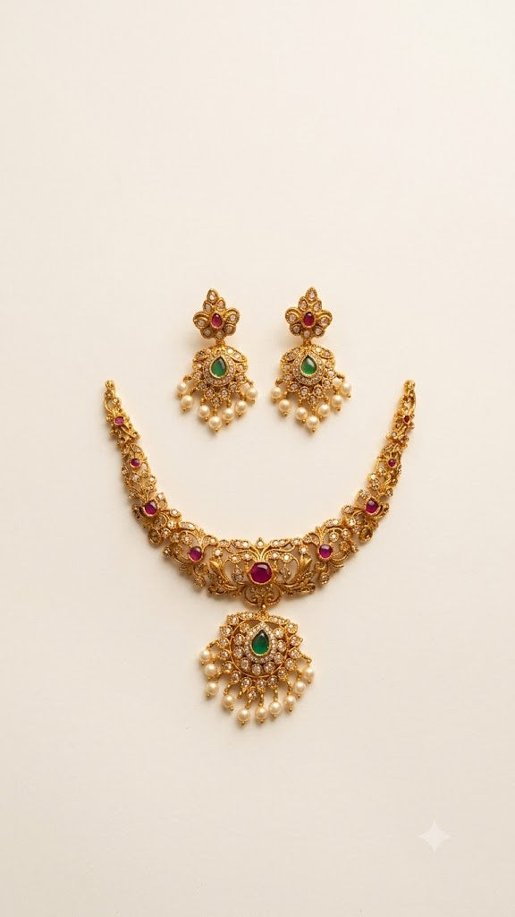 Antique Gold Temple Necklace Set with Ruby and Emerald