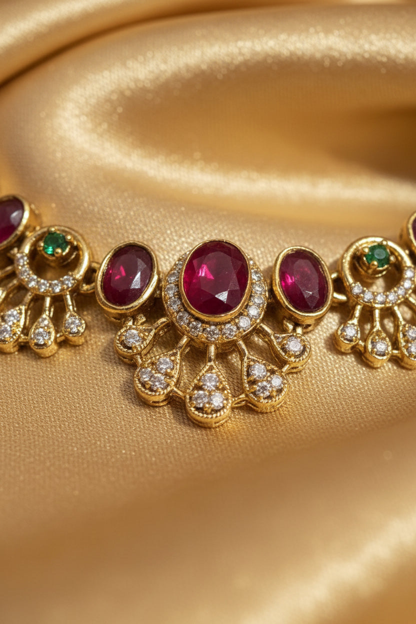 Ethnic Ruby & Emerald Gold-Toned Necklace & Earring Set