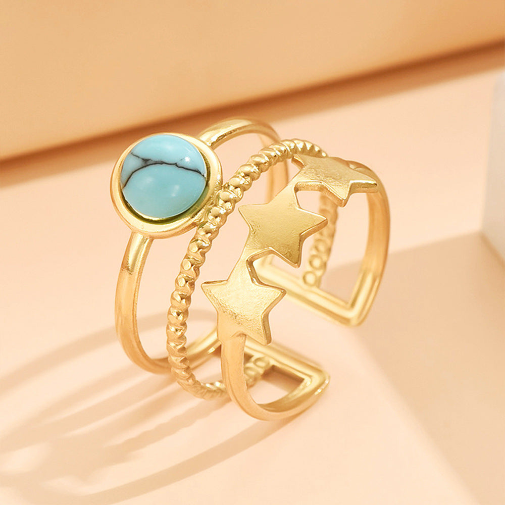 Adjustable Layered-Look Star Ring with Natural Stone | Multi-Band Gold-Tone