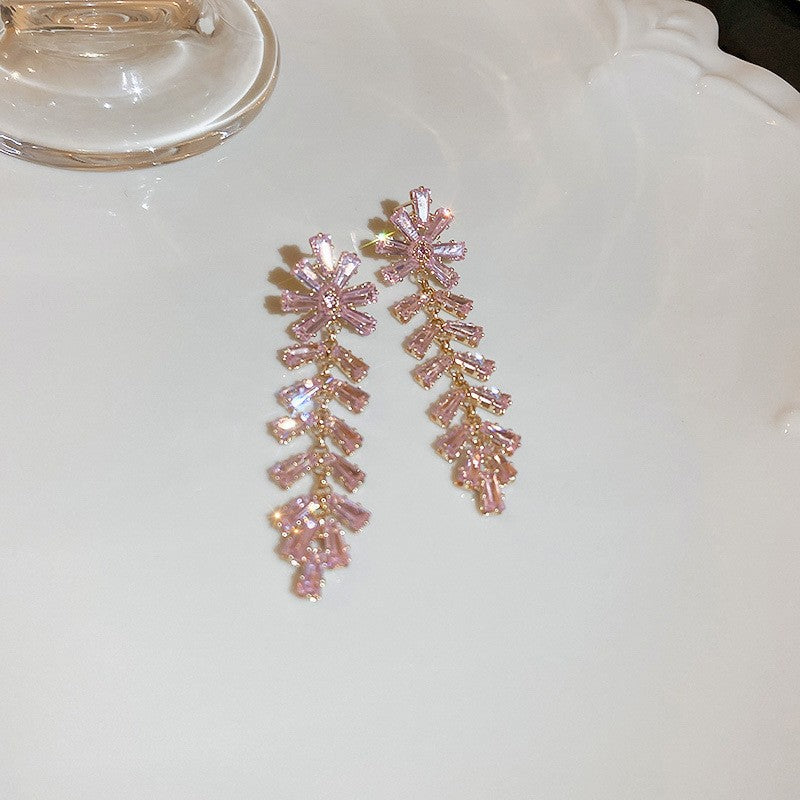 Elegant Pink Baguette Crystal Drop Earrings | Gold-Tone Cascading Dangles | Formal Wedding & Prom Jewelry