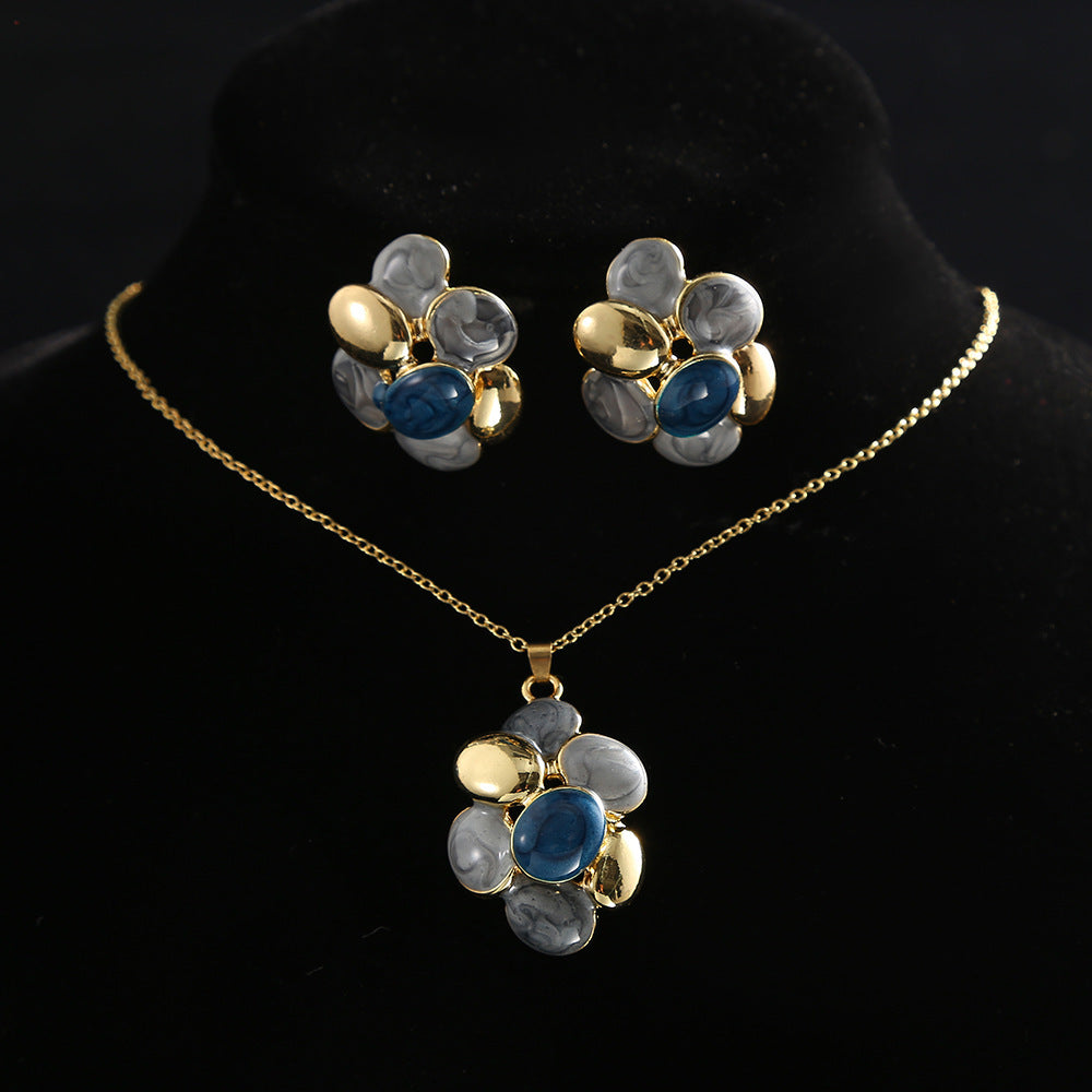 Modern Abstract Cluster Necklace & Earring Set | Grey, Blue & Gold