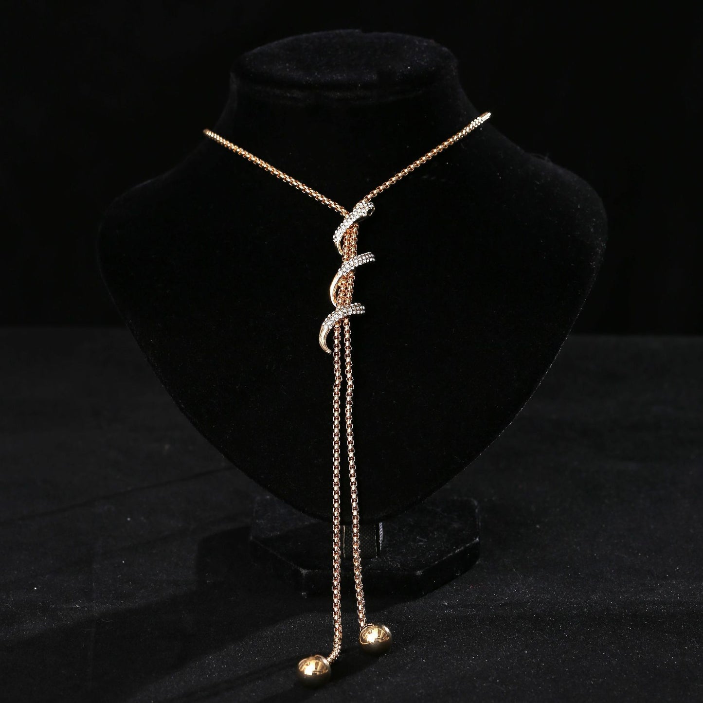 Adjustable Crystal Swirl Lariat Necklace | Gold-Tone Bolo Style with Tassels