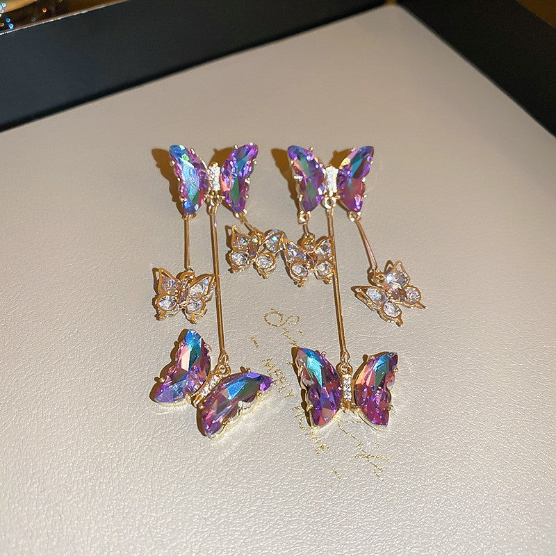 Iridescent Crystal Butterfly Dangle Earrings | Asymmetrical Cascade Design