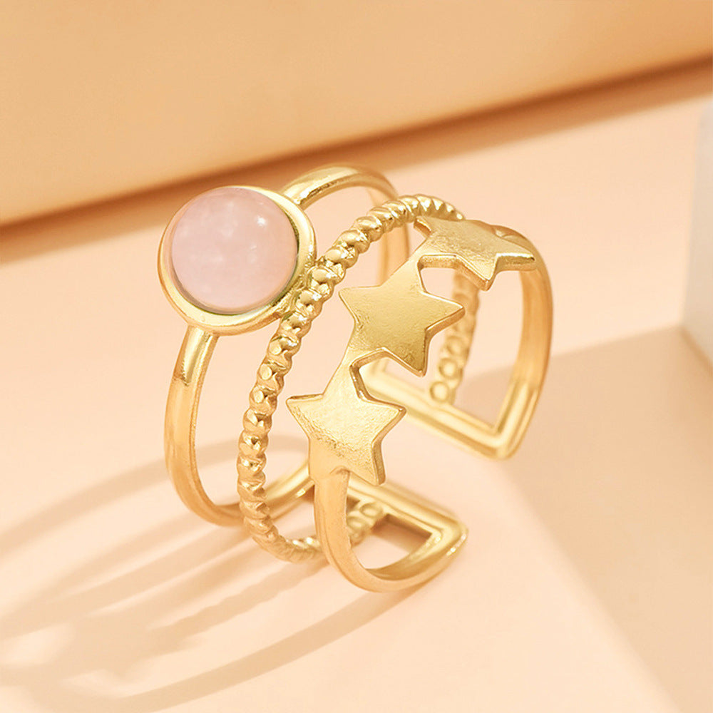 Adjustable Layered-Look Star Ring with Natural Stone | Multi-Band Gold-Tone