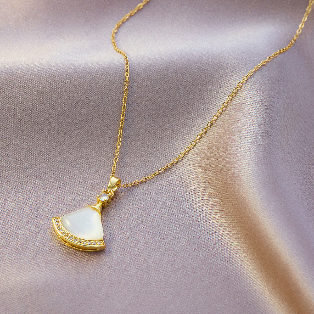 Elegant Fan-Shaped Pendant Necklace | White Opal & Pave Crystal in Gold-Tone
