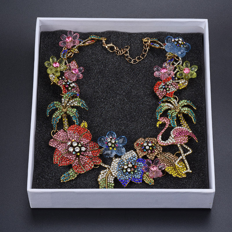 Tropical Floral Statement Necklace for Women – Crystal Enamel Flamingo & Flower Designer Jewelry | Party, Wedding & Festive Wear