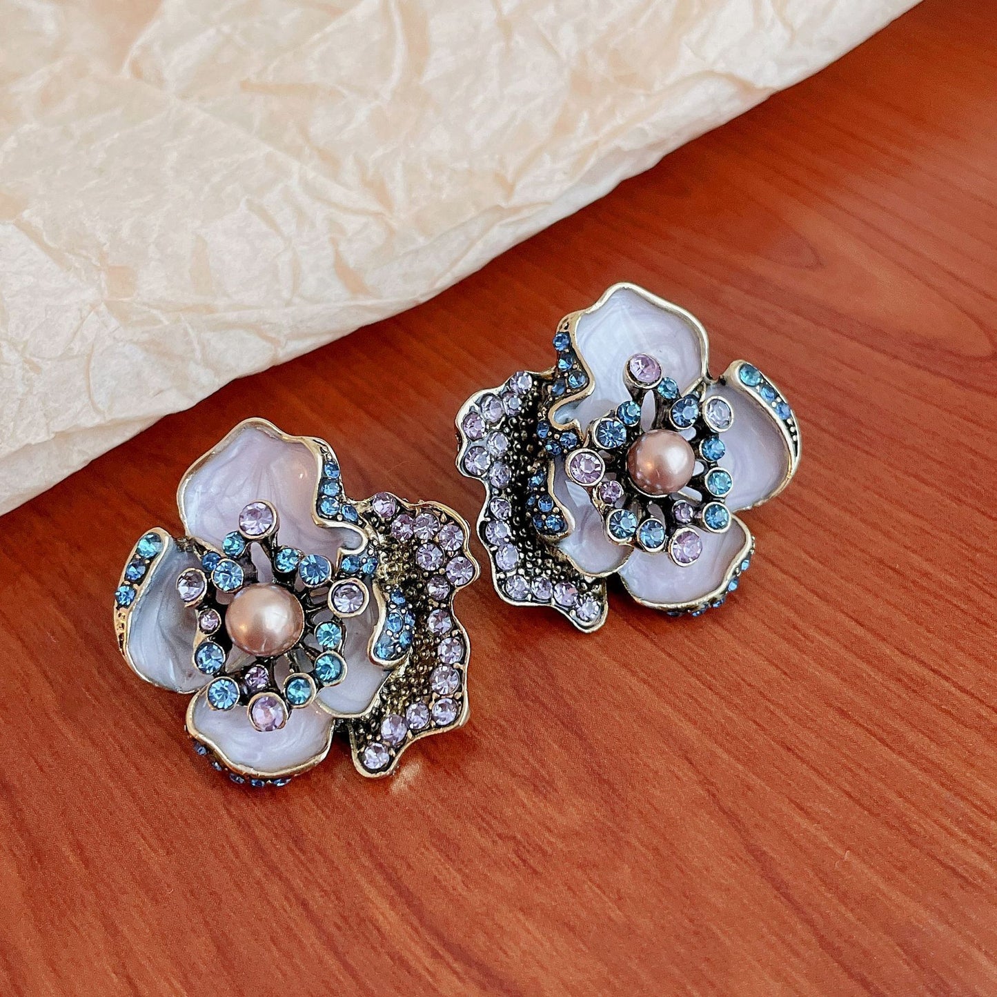 Elegant Rose Gold Faux Pearl & Crystal Flower Jewelry Set