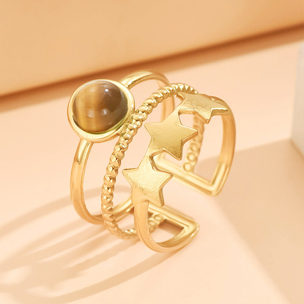 Adjustable Layered-Look Star Ring with Natural Stone | Multi-Band Gold-Tone