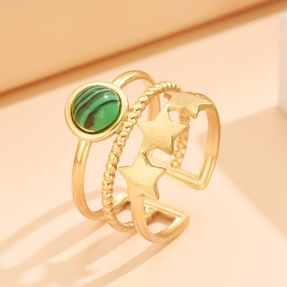 Adjustable Layered-Look Star Ring with Natural Stone | Multi-Band Gold-Tone