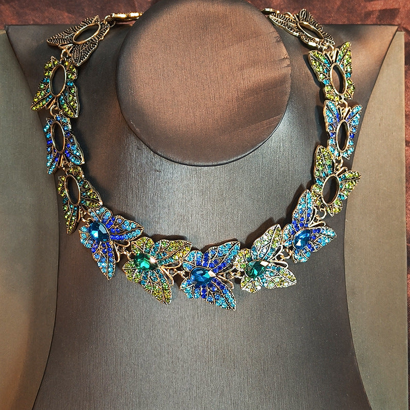 Vibrant Blue & Green Crystal Butterfly Choker Necklace