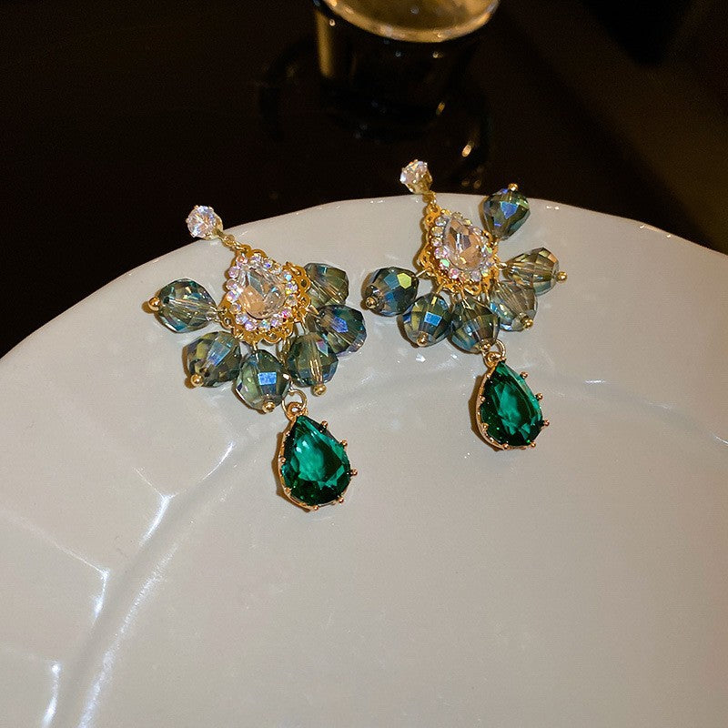 Dazzling Emerald Green Crystal Cluster Drop Earrings | Gold-Tone Statement Gemstone Dangles | Formal Cocktail Jewelry