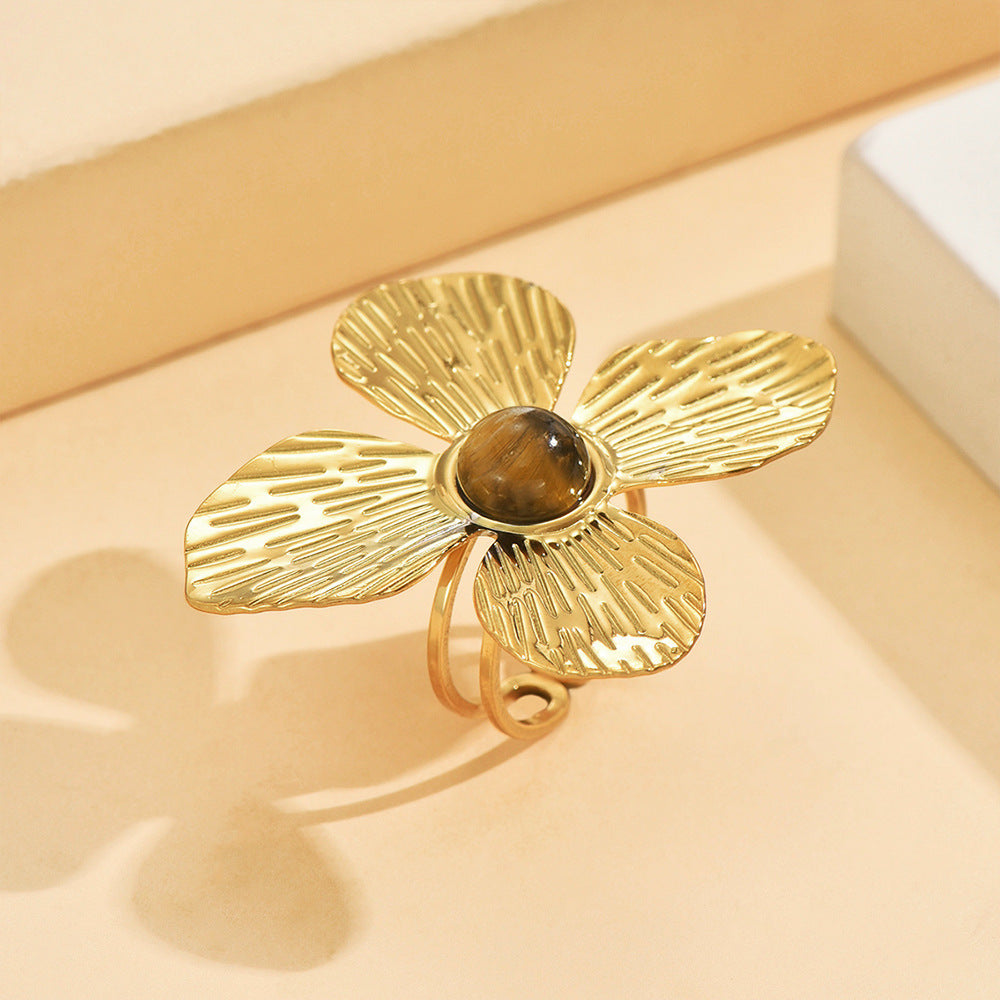 Textured Gold Flower Statement Ring | Adjustable with Natural Stone Center