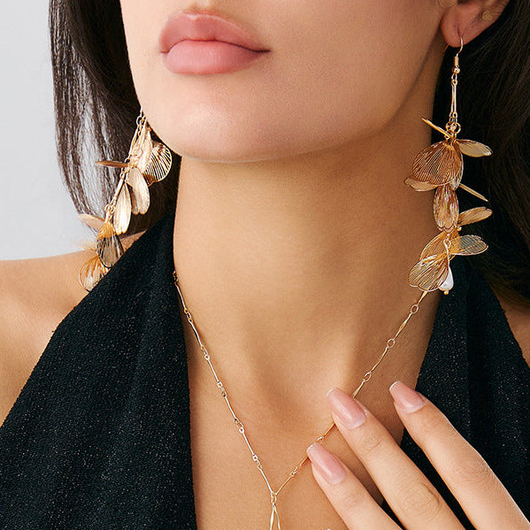 Long Gold Floral Cascade Dangle Earrings | Delicate Wireframe Petals
