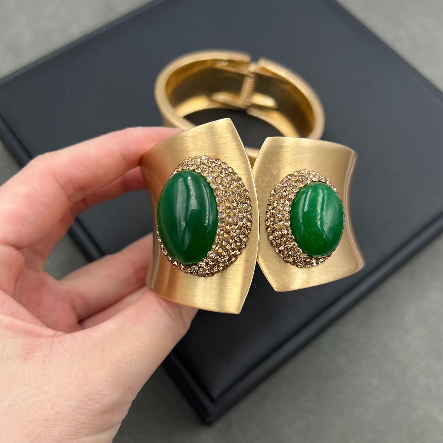 Regal Gold-Tone Green Cabochon & Crystal Cuff Bracelet