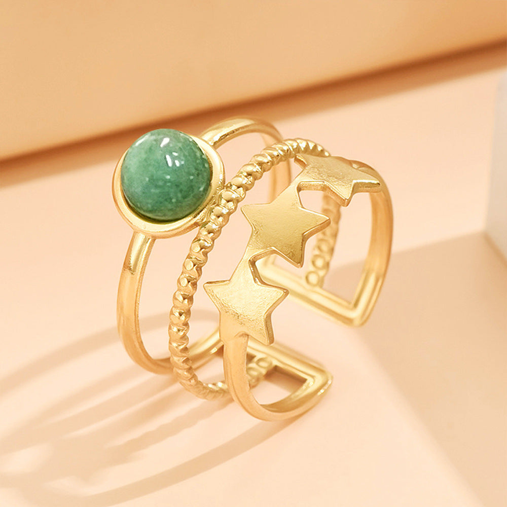 Adjustable Layered-Look Star Ring with Natural Stone | Multi-Band Gold-Tone