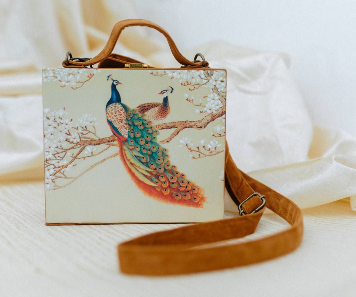 White Peacock Printed Suitcase Style Clutch