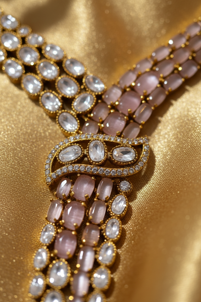 Elegant Pink & Clear Stone Ethnic Necklace Earring Set