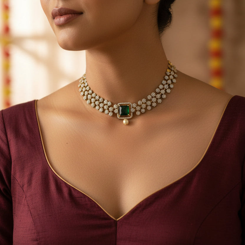 Gold necklace with a green gemstone pendant on a wooden surface