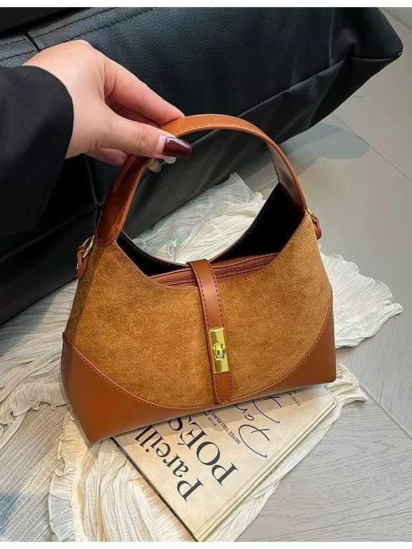 Chic Black Suede & Leather Hobo Handbag