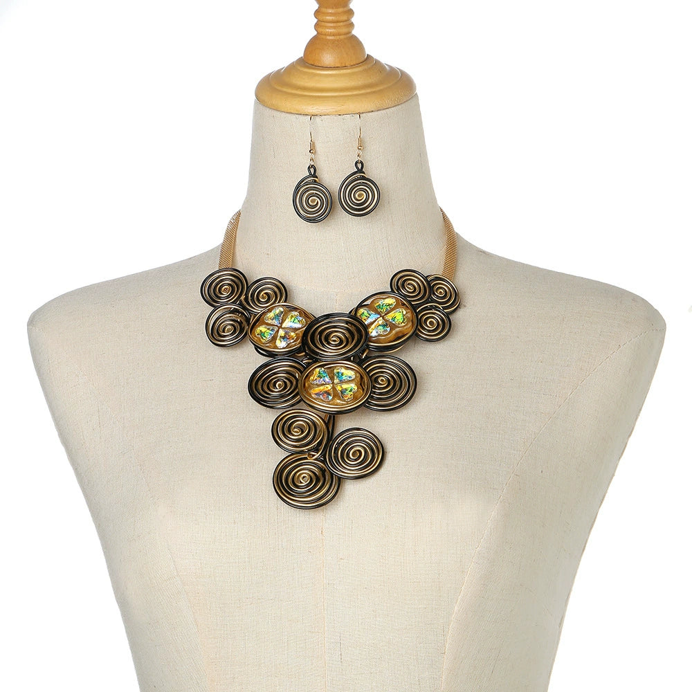 Boho Gold & Black Spiral Statement Necklace & Earring Set