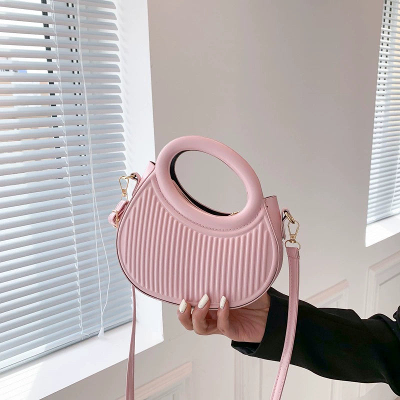 Chic Pink Ribbed Top Handle Crossbody Handbag