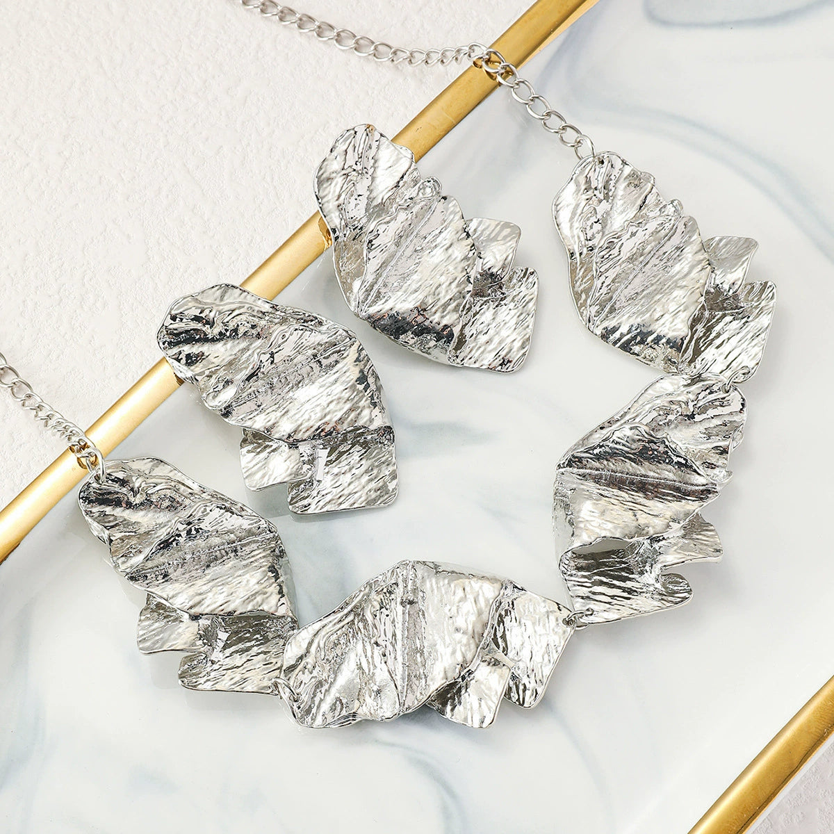 Abstract Hammered Gold and Silver Statement Necklace & Earring Set