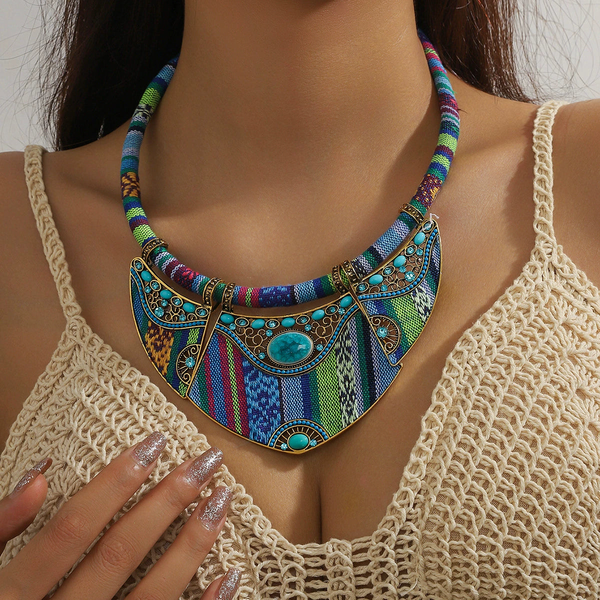 Vibrant Bohemian Textile & Stone Statement Necklace