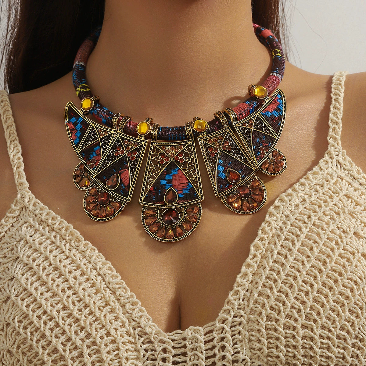 Bohemian Patterned Statement Necklace with Amber Accents