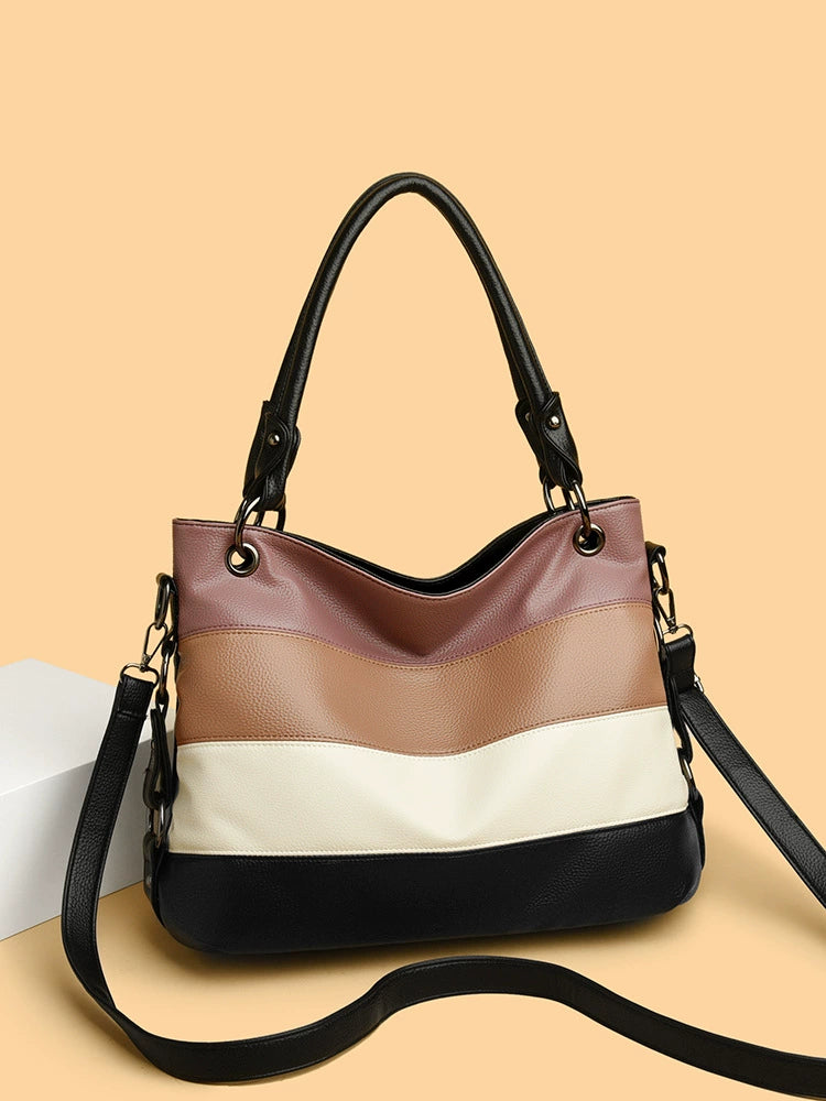 Elegant Multi-Color Block Faux Leather Shoulder Tote Bag