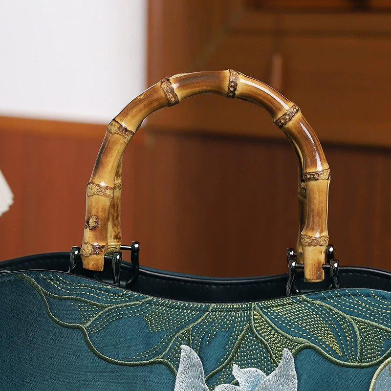 Elegant Lotus Embroidered Handbag with Bamboo Handle