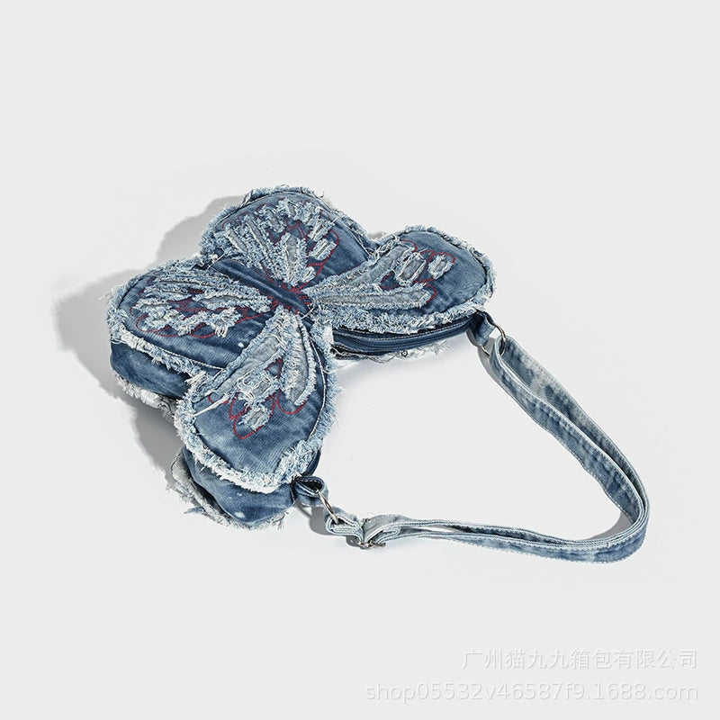 Y2K Distressed Denim Butterfly Shoulder Bag - Unique Style