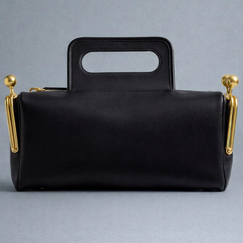 Elegant Black Leather Frame Bag with Gold Clasp