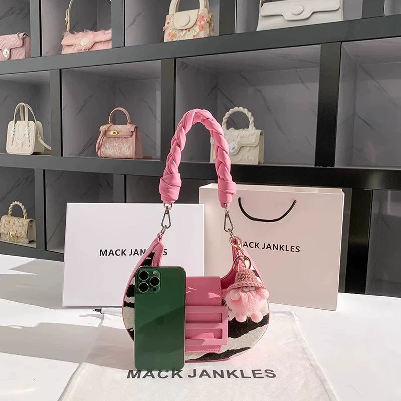 Mack Jankles Zebra Print & Pink Braided Handle Shoulder Bag