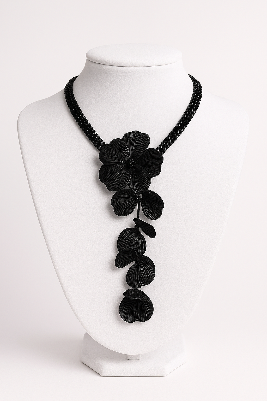 Large Gold & Black Floral Cascade Necklace | Multi-Strand Chain & Wireframe Petals