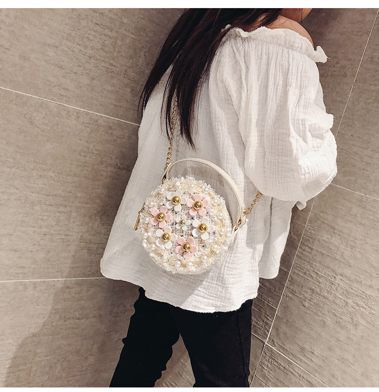 Luxury girl flower pearl round cross body mini shoulder bag