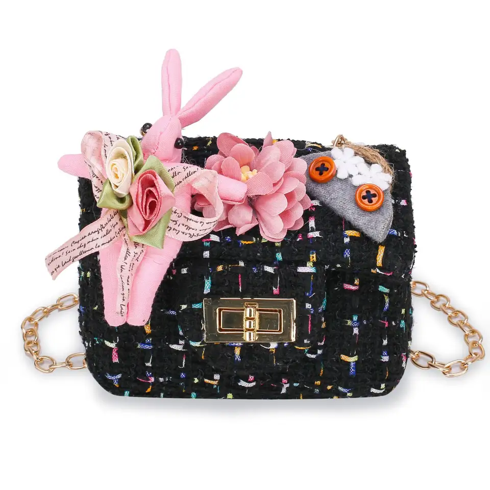 New design cute teddy flower girls baby small handbag twid kids shoulder bag