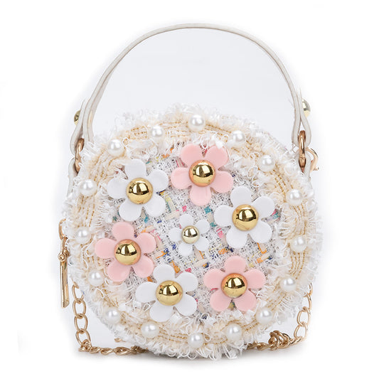 Luxury girl flower pearl round cross body mini shoulder bag