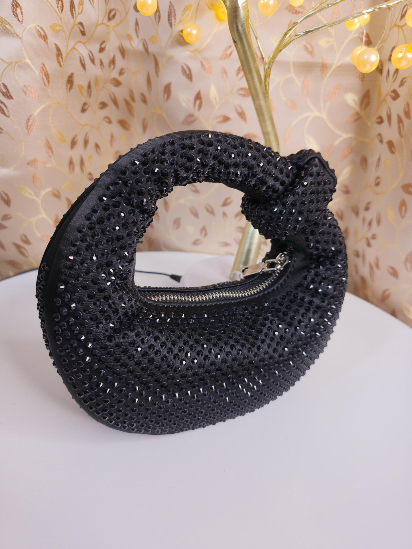 Party wear black sequenced dotted hobo bag