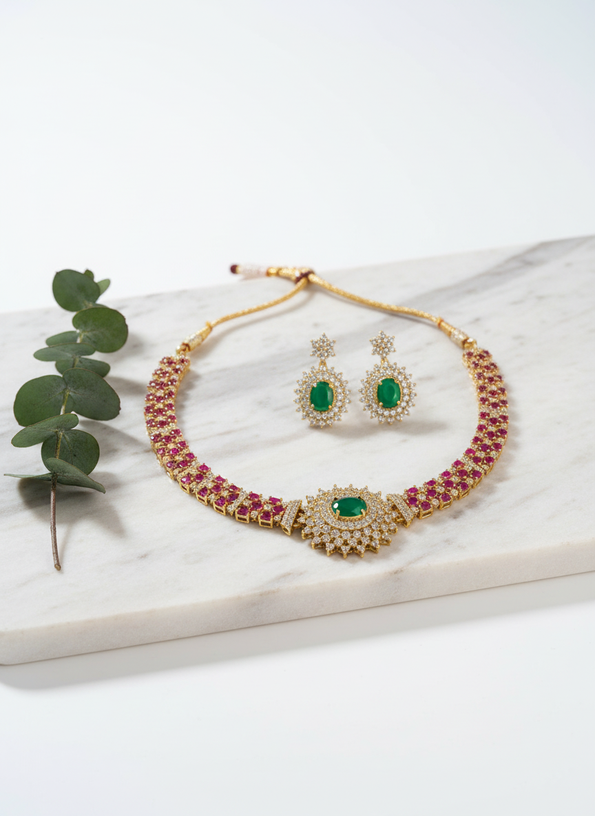 Traditional Gold Plated Ruby Pink & Emerald Green AD Necklace Set – American Diamond Floral Pendant Jewelry for Women