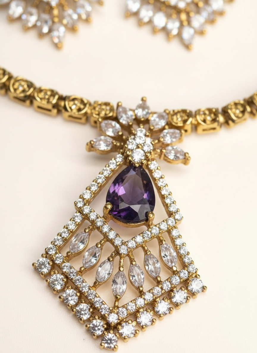 Luxurious Gold-Plated Necklace Set with Purple Amethyst & Sparkling CZ | Floral Geometric Design