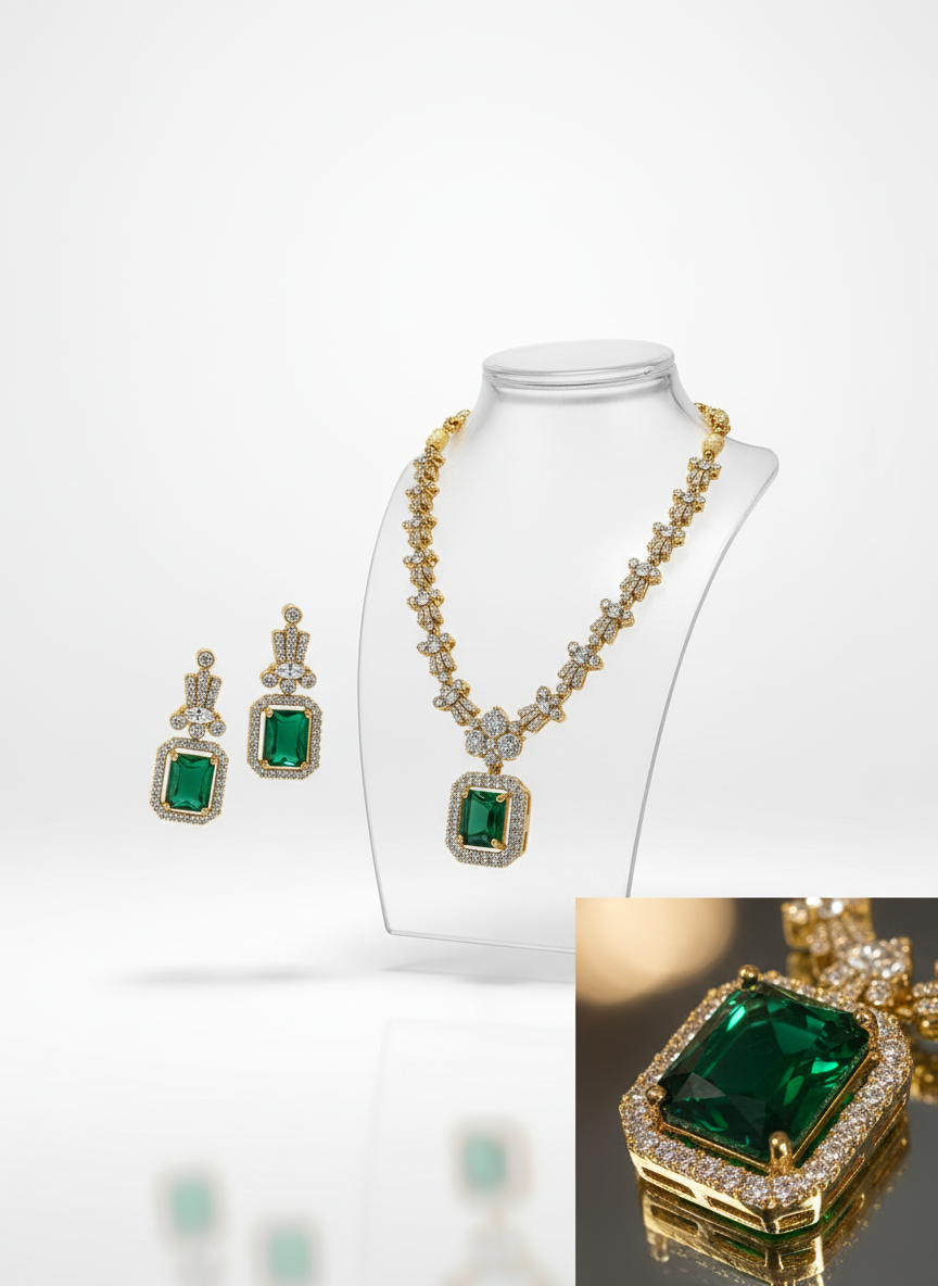 Emerald Green American Diamond Pendant Necklace Set – Gold Plated Rectangular Stone Jewelry for Evening Wear