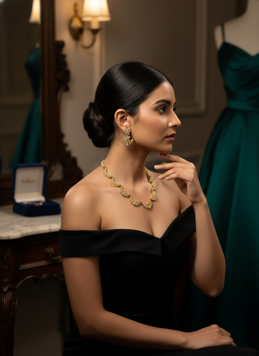 Elegant Gold Crescent Link Necklace Set | Uncut Stone Look (Polki/Kundan Style) & Matching Stud Earrings | Festive Jewelry