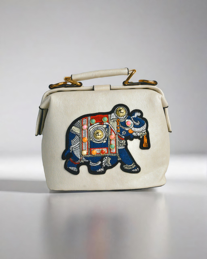 Elephant embroidery work white with black border handbag