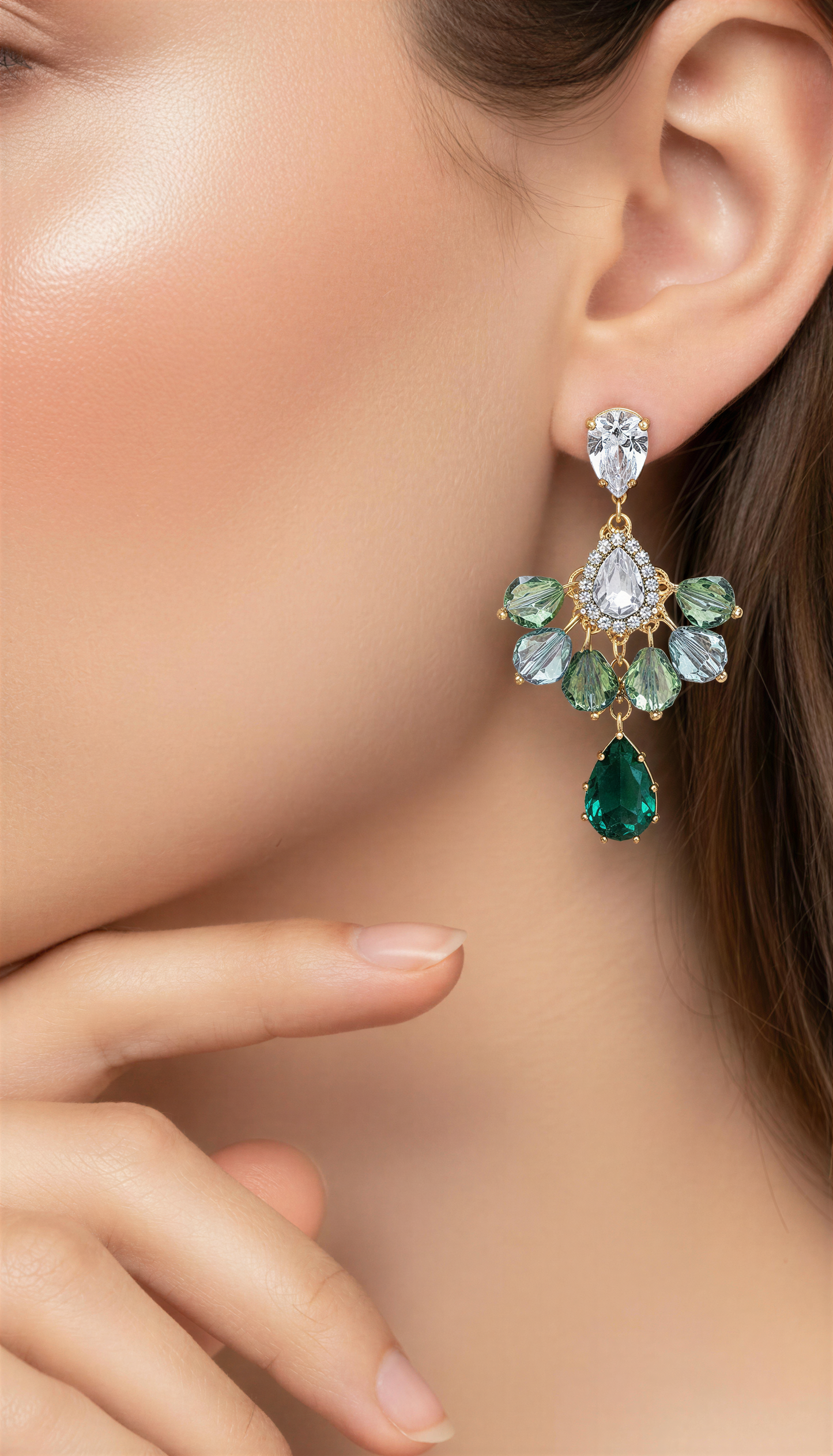 Dazzling Emerald Green Crystal Cluster Drop Earrings | Gold-Tone Statement Gemstone Dangles | Formal Cocktail Jewelry