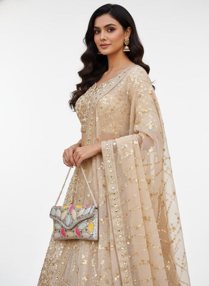 Party wear Multi coloured leaves designed stone embroidered clutch