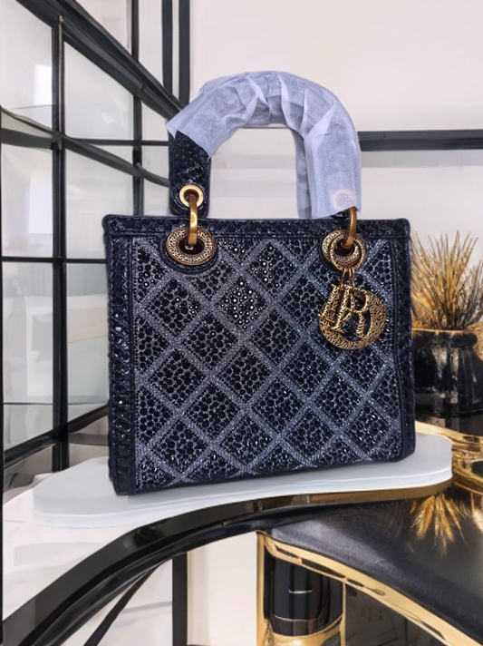Luxury Black stone Handbag for Women – Designer Party Shoulder Bag with Gold Charm
