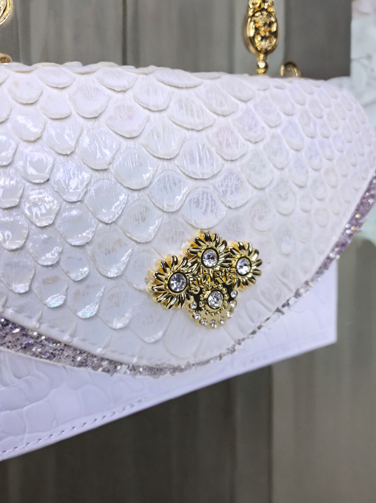 White Designer Party Clutch with Golden Handle – Embellished Floral & Glitter Trim | Premium Evening Bag